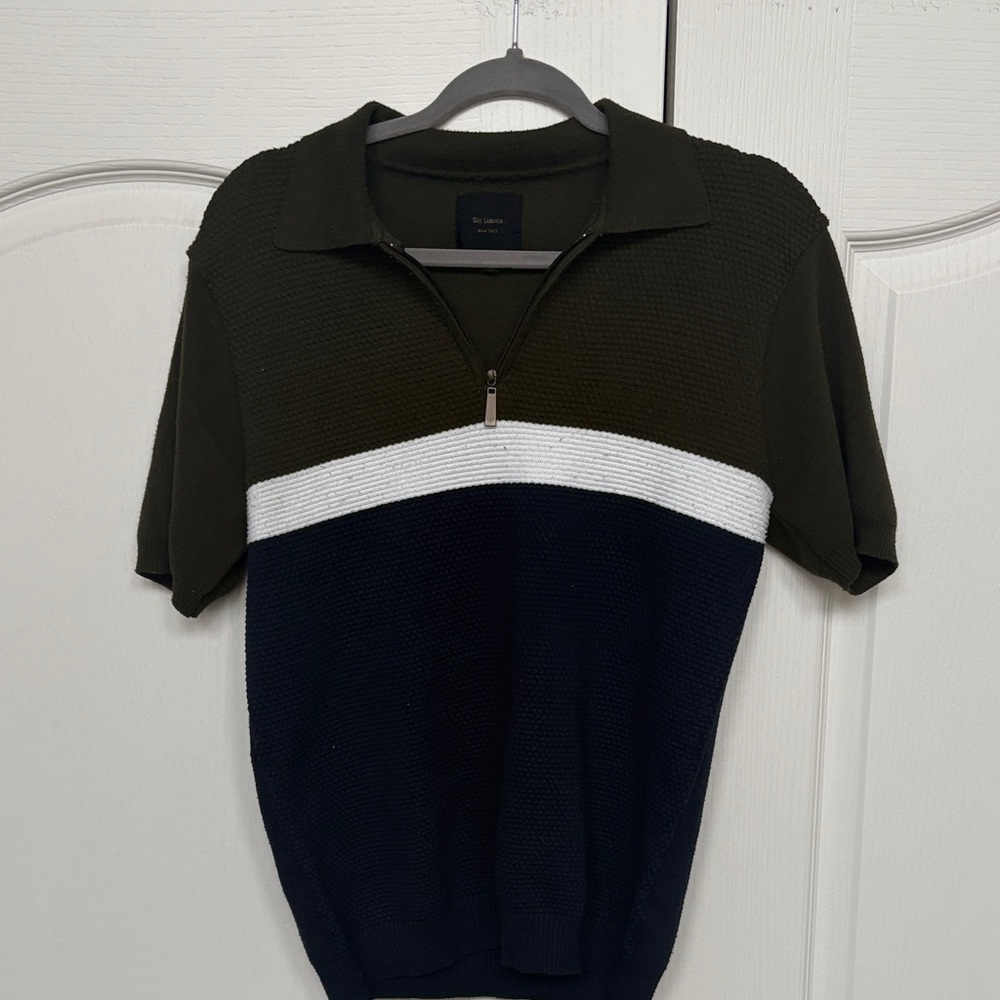 Quarter-Zip Short-Sleeve Sweater in Olive, White & Navy